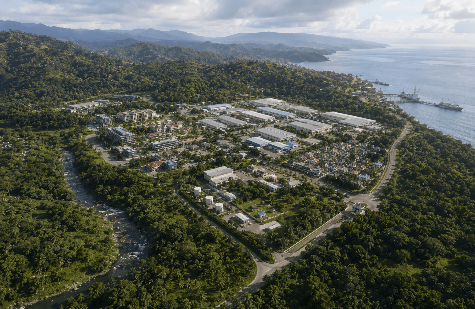 Aerial view of the MINPAS site in Oroquieta — the national highway running through the development toward the mountains of Northern Mindanao.